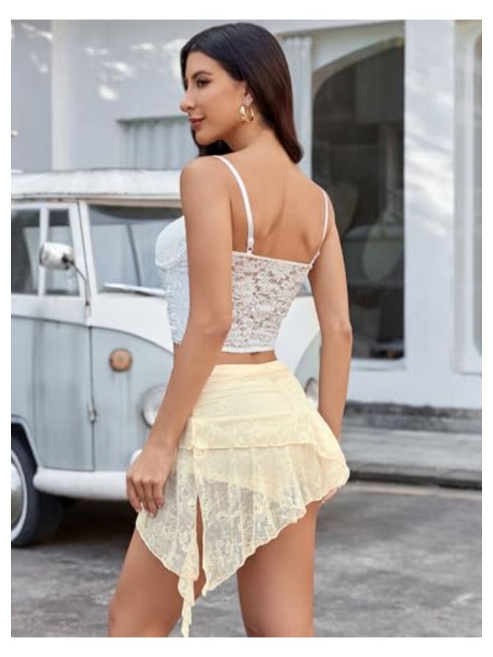 Lace Layered Mini Skirt Ruched A Line Tiered Ruffle - Picture 5 of 6